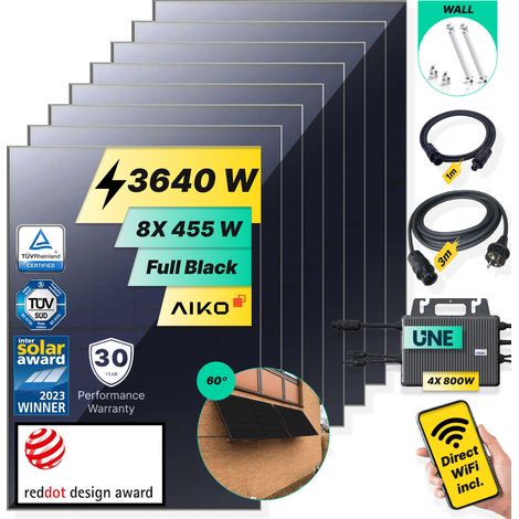 ROBINSUN®️ Kit Solar Enchufable Performance Wall 3.640Wp, 8 paneles Aiko 455Wp +4 Microinversores 800W con Wifi incluído +Cable 3m+8 Fijaciones 60º (1/5)