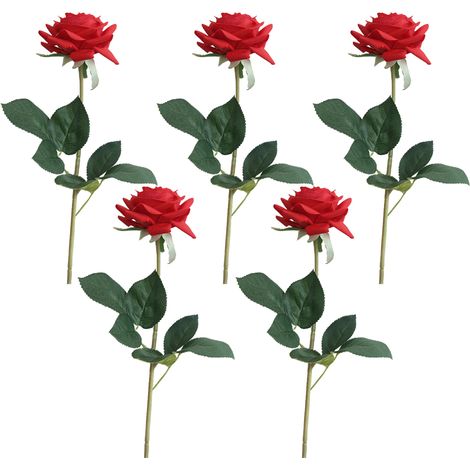 Bouquet de 5 roses artificielles à longues tiges, idéal pour les compositions florales de mariage, les fêtes, la décoration de la maison et de la cuisine. (1/5)