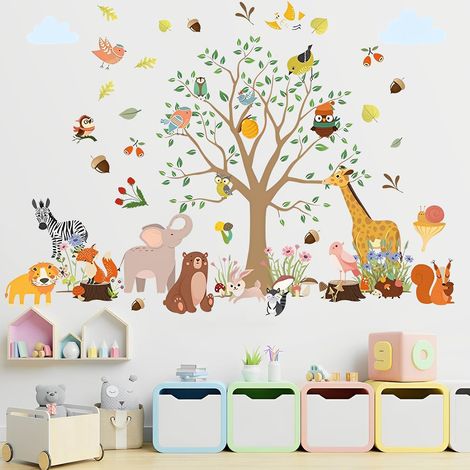 Stickers Jungle Chambre Enfant Enfant, Stickers Muraux Animaux Arbre Girafe Éléphant Zèbre Lion Écureuil Oiseau (1/5)