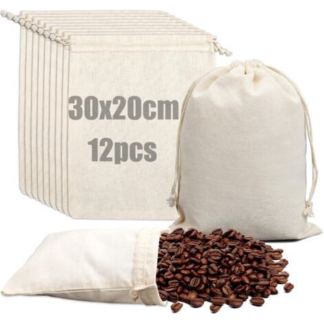 Pochon Coton 30 x 20cm - 12 Pièces Pochon Tissu Sachet Tissu avec Cordon Petit Sac Lin Pochon Cadeau Reutilisable Sac en Coton Pochette Toile pour DIY Cafe Bijoux Cadeau Mariage Noël Anniversaires (1/5)