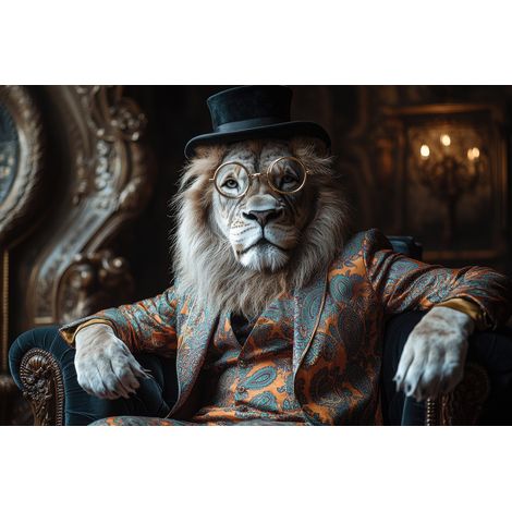 Tableau sur toile portrait de lion humanisée 30x45 cm - Impression sur Toile Murale Décorative - Image imprimée en HD sur Toile - Toile sur Châssis en Bois FSC - Fabriqué en France (1/4)