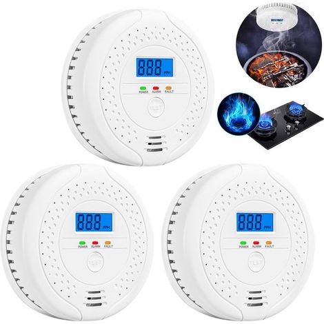 Lot de 3 détecteurs de monoxyde de carbone, écran LCD rétroéclairé 0–999 ppm, alarme sonore 85 dB, voyant LED rouge, sans fil sur piles AA, pour maison bureau hôtel camping-car (1/5)