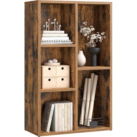 Bibliothèque à 5 casiers rangement pratique 50 x 24 x 80 cm style vintage ambiance cosy en panneau d'aggloméré marron rustique (1/2)