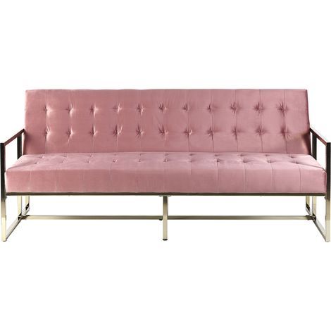 Sofá cama tapicería capitoné de terciopelo rosa 3 plazas marco de metal dorado con apoyabrazos estilo retro Marstal