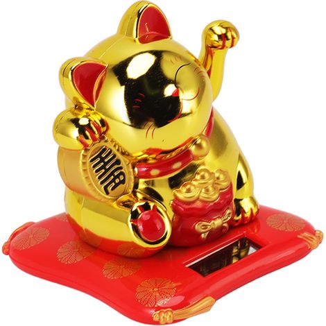 Chat porte-bonheur solaire en forme de chat agitant la main, symbole de richesse et de bonheur. Statuette décorative pour la maison ou la voiture. Or.