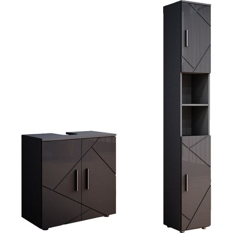 Badezimmermöbel-Set Irma, Anthrazit Hochglanz, 2 Teile, mit Hochschrank, Vicco