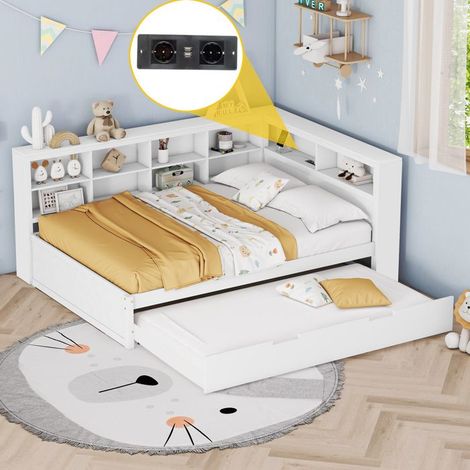 Canapé‑lit 140x200 avec lit gigogne 90x190, bois massif blanc, prise USB, rangements, 2‑3 places, sans matelas
