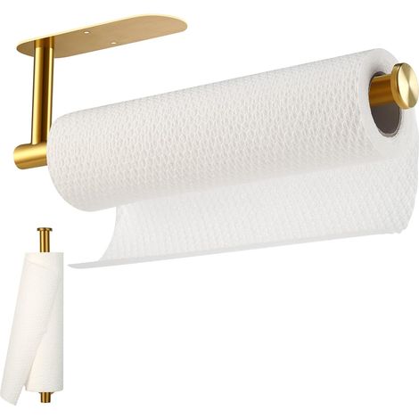 Porte-essuie-tout, autocollant ou percé, support mural pour essuie-tout sous armoire, en acier inoxydable doré, idéal pour la cuisine, la salle de bain, l'évier, le garde-manger et le réfrigérateur (d (1/5)