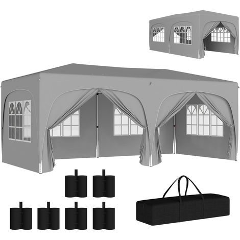 Tonnelle pliante 3 x 6m Pop Up, UPF50+ Hauteur ajustable, avec sac de transport et sacs de sable, Gris clair