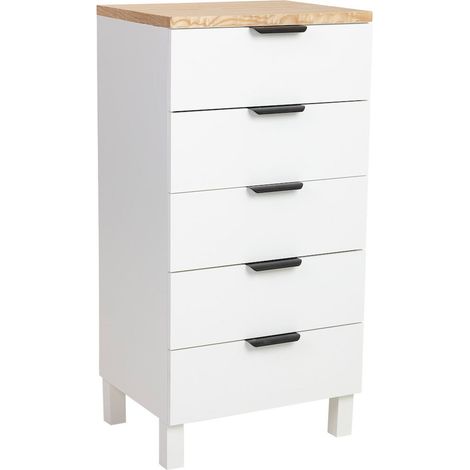 Chiffonnier contemporain en bois naturel et blanc 5 tiroirs - Blanc et bois naturel (1/5)