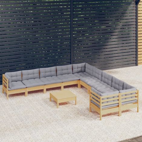 The Living Store -  Salon de jardin 11 pcs avec coussins gris bois de pin (1/5)