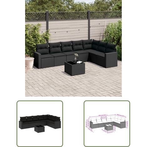 The Living Store Salon de jardin 8 pcs avec coussins noir résine tressée - Ensemble Salon De Jardin - Meuble De Jardin - Résine Tressée - Rotin Synthétique - Mobilier Extérieur (1/3)