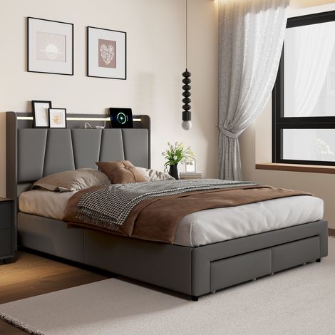 Letto per adulti 140x200 cm, letto contenitore con testiera imbottita, struttura letto con 2 cassetti, tessuto in lino, grigio scuro (1/5)