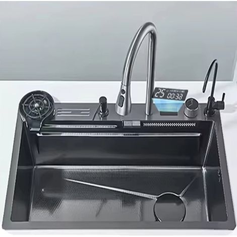 Lavello da cucina multifunzione in acciaio inox con cascata, rubinetto digitale, 2 manopole, 75 x 45 cm (1/5)