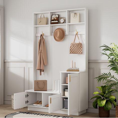 Mueble de recibidor con banco, 3 ganchos y estante ajustable, blanco HAVRYA (1/5)