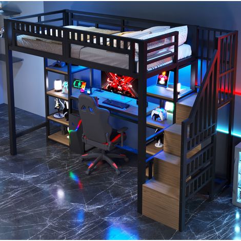 Lit mezzanine 90 x 200 cm avec bureau, étagères, LED, port USB, métal et MDF, noir (1/5)