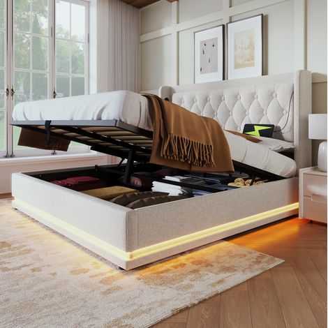 Letto con testiera capitonné 106.05x51.44x13.97 cm, luci LED a 3 lati, porte USB e Type-C, ABS+PC ambra (1/5)