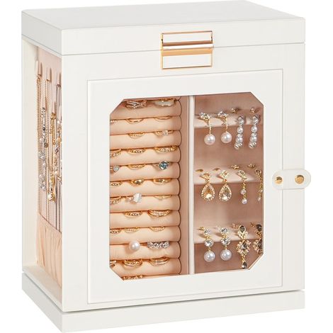 Boîte à Bijoux Pivotante à 360°, Écrin de Rangement pour Accessoires avec 6 Tiroirs et Vitrine en Verre, Présentoir, pour Colliers, Bagues, Boucles d'Oreilles, Blanc et Doré (1/5)