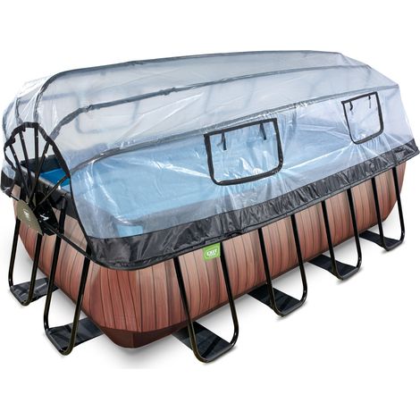 Piscine EXIT Wood 400x200x122cm avec pompe filtrante à sable et dôme et pompe à chaleur - marron (1/5)