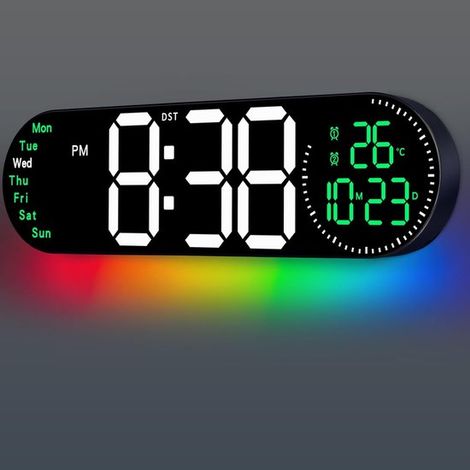 Horloge murale numérique de 43,7 cm (17,2 pouces) avec télécommande 9 couleurs, date, jour de la semaine, température, luminosité réglable automatiquement, veilleuse intégrée, verte (1/5)