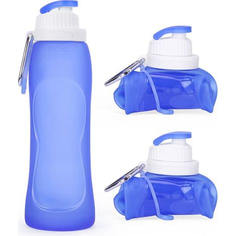 2 Borracce pieghevoli e portatili con moschettone, in silicone resistente, colore azzurro cielo, 500 ml (1/5)