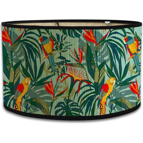Abat-jour en bambou - motif floral, cylindrique, convient aux lampes de table et aux lampadaires, détachable, 30 cm de diamètre (perroquet tropical). (1/5)