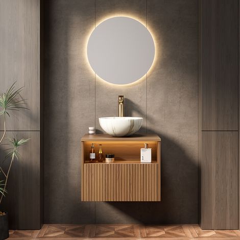 Waschbeckenunterschrank hängend 60 cm minimalistisch in Brauneiche mit Keramikbecken Steinweiß, 1 Schublade und LED-Regal (1/5)