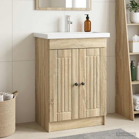 Meuble sous lavabo de salle de bain en bois d’ingénierie, chêne Sonoma, 56 x 37,5 x 81 cm - PANGIVO (1/5)