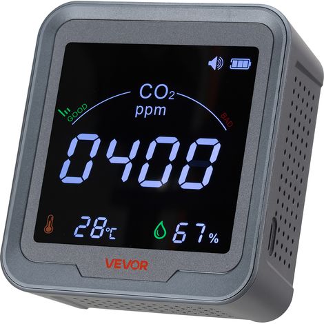 VEVOR Monitor de Dióxido de Carbono, en Tiempo Real, con Pantalla de Temperatura y Humedad, Sensor NDIR de 4,5 m, para Mesita de Noche, Hogar, Oficina, Coche, Ligero y Portátil, 90 x 40 x 100 mm
