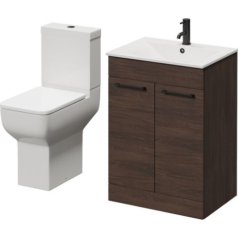 Napoli 460 Brown Oak 600mm 2 Door Vanity Unit and Tacoma Comfort Height Toilet Suite with Angel Basin - 600mm - Matt Black 160mm Handle