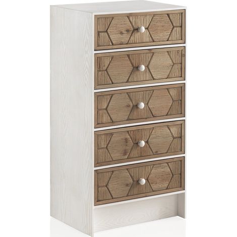 Commode blanche effet bois frêne 5 tiroirs déco hexagonale - Blanc frêne et bois naturel (1/5)