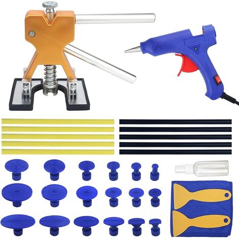 Outil Débosselage sans Peinture Kit Débosselage Carrosserie 34 PCS avec Pistolet à Colle,Doré Dent Extracteur,pour Voiture,Réfrigérateur,Moto Corps,Porte (Golden)