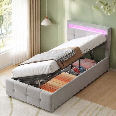 DESMIU Lit Coffre 90 × 200 cm 1 place avec LED, coffre hydraulique, tête de lit réglable, sans matelas, en velours, gris (1/5)