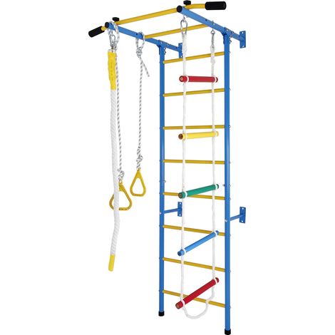 Parete da arrampicata indoor per bambini in acciaio blu con sbarra trazioni e anelli (1/4)