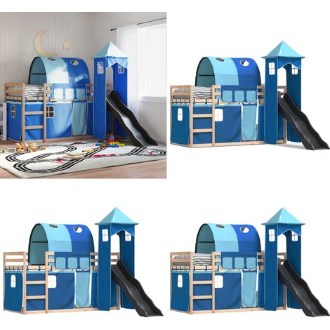 Etagenbett mit Rutsche und Gardinen Blau 90x190 cm - Etagenbett - Hochbett - Kinderbett - Kiefernholz - Holzbett - Home & Living