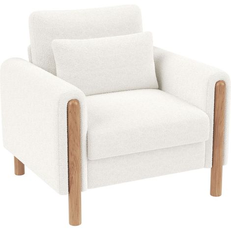 Poltrona Relax 87x83x88.5 cm con Cuscino Spesso e Schiuma Densa, Supporto Lombare, Comoda, Struttura Legno, Bianco, per Soggiorno