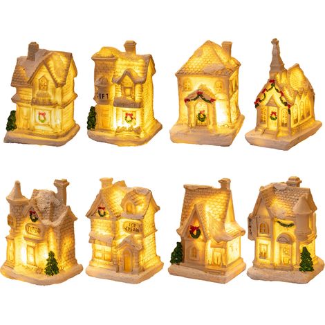 Ej.Life 8er-Pack Weihnachtsschmuck aus Kunstharz, LED-Lichthaus, weihnachtliche Mikrolandschaft (A+B+E+F+G+H+I+J) (1/5)