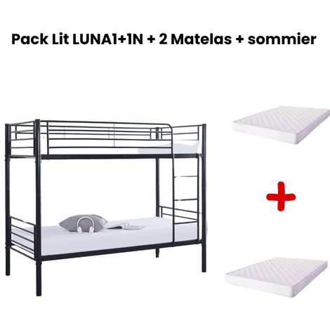 Pack : Lit superposé + Matelas compris Séparable métal LUNA 1+1 90x190 cm sommier inclus noir (1/5)
