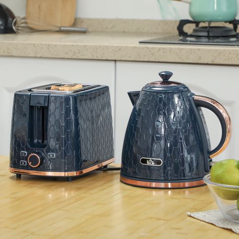Stylish Blue 1.7L Fast Boil Kettle with Matching Toaster Set,Seven Browning Options,Auto Pop-Up,Easy Clean Design