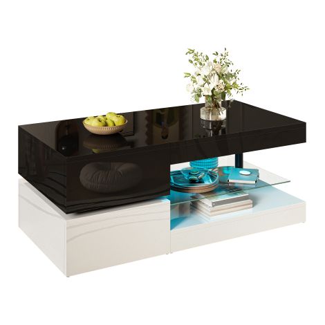Table basse moderne avec éclairage d'ambiance LED, contrôle via application et Bluetooth, étagère en verre et finition haute brillance — Design noir et blanc pour le salon