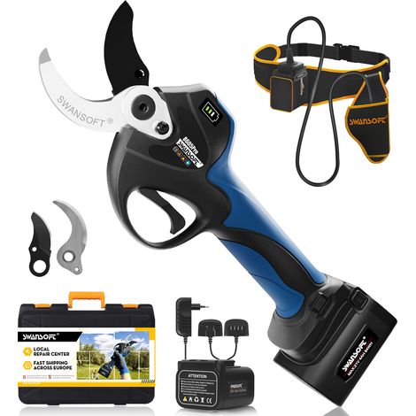SWANSOFT Forbici da potatura a batteria da 40 mm, forbici da potatura elettriche professionali da 1050 W con due batterie, adatte per frutteti, vigneti e uliveti (8605PRO)