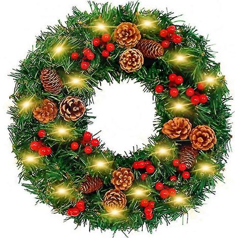 Couronne de Noël artificielle avec pommes de pin, baies rouges et guirlande lumineuse LED pour porte d'entrée, mur, décoration de style champêtre, intérieur et extérieur, articles de fête, 30 cm - Lum (1/5)