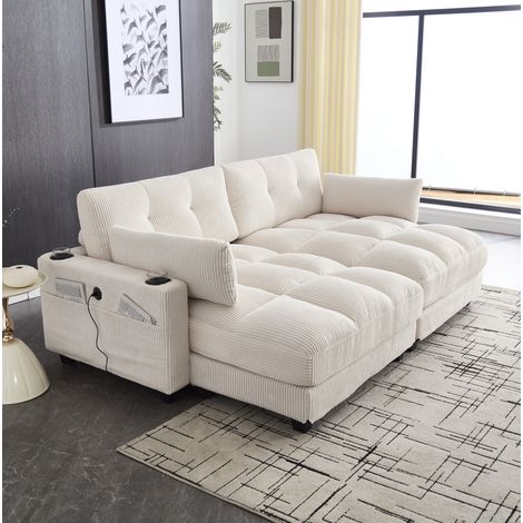 Divano a 2 posti in corduroy beige con 2 cuscini, 4 portabicchieri, tasche laterali e porte USB (1/5)