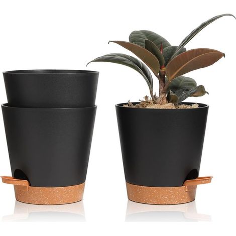3 Pcs Pots de Fleurs en Plastique 14cm Noir Auto-Arrosant avec Soucoupe avec Système d'arrosage Pot de Fleur Paresseux Convient aux Jardins de Balcon Intérieurs et Extérieurs (1/5)