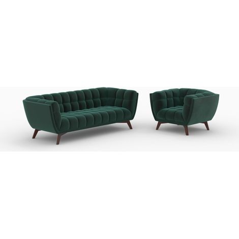 Conjunto de sofá y sillón Mona en terciopelo verde para 4 personas