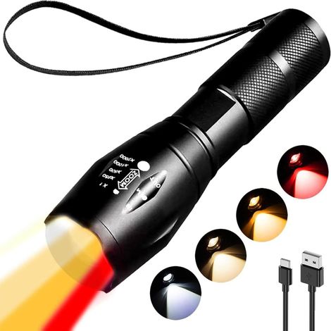 Lampe de poche LED 4 en 1 rechargeable, rouge, vert, bleu, blanc, 4 modes de remplissage, zoomable, étanche, multicolore pour la pêche, le camping, la randonnée, l'éclairage quotidien