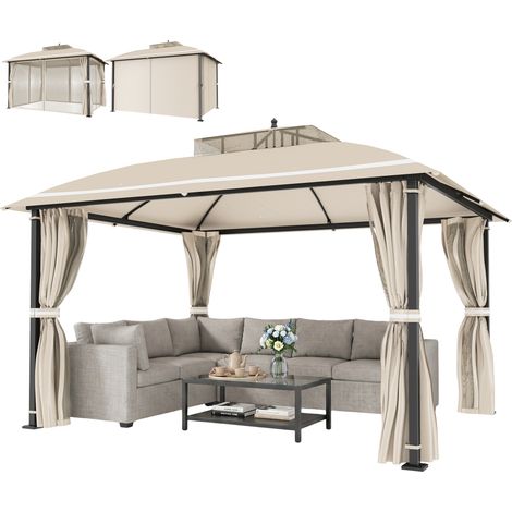 Gazebo de Jardin 3,7 x 3 m avec Moustiquaire, Rideaux Latéraux et Double Toit, Beige (1/5)