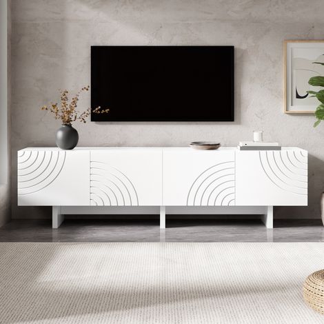 Meuble TV 170x35x50cm bas blanc 4 portes avec relief arqué 3D motif géométrique rangement passe-câbles MDF et panneaux de particules (1/5)
