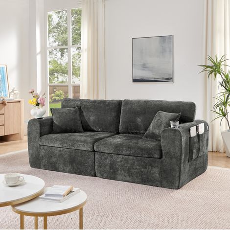 Canapé relax 2 places noir en chenille avec porte-gobelet, poche latérale et USB, gain de place,220x100x89 cm (1/5)