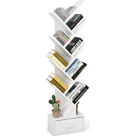 Bibliothèque Étagère d'arbre à 9 Niveaux avec Tiroir, Étagère de Rangement en Bois Dispositif Anti-basculement, CD, Album, Livres, 38 x 21,5 x 149,5 cm (Blanc) (1/5)